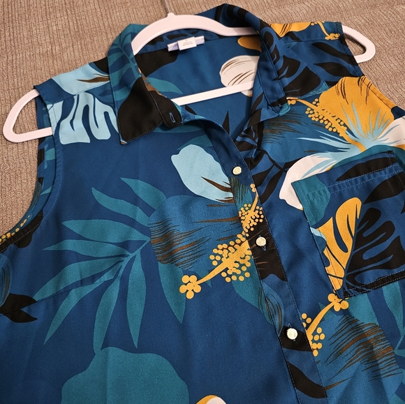 Liz Claiborne Dark Teal Gold Floral Sleeveless Button-Up Blouse Size Large - Picture 3 of 6